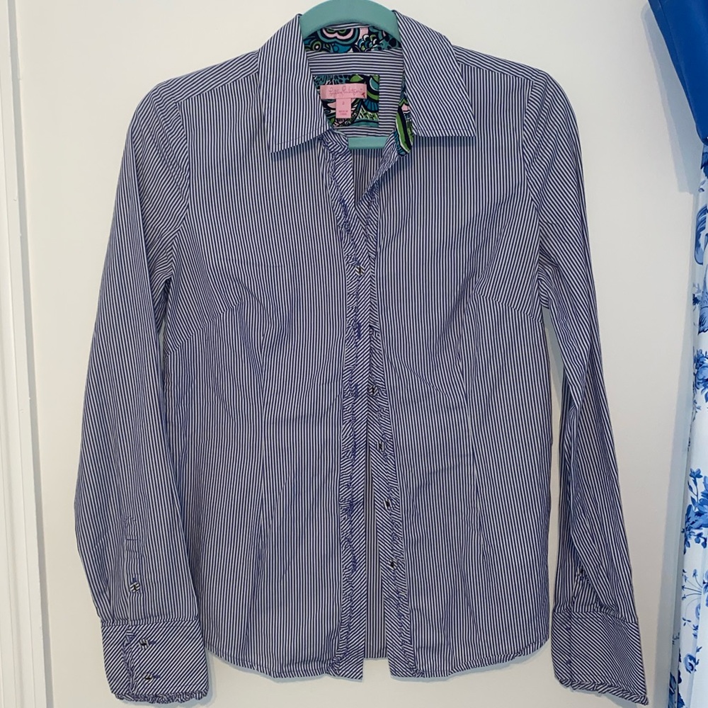 Blue and White Striped Button Up Top
